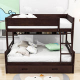 Wooden Twin Over Full Bunk Beds with Trundle and Storage Bookshelves