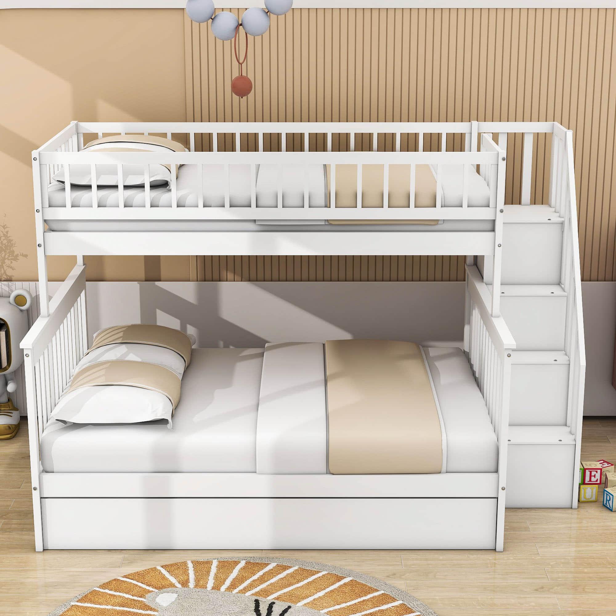 Wooden Twin Over Full Bunk Bed with Stairs and Trundle, Storage Shelves