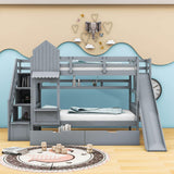 Girls Twin Over Twin Castle Bunk Bed with Slide and Stairs, Storage