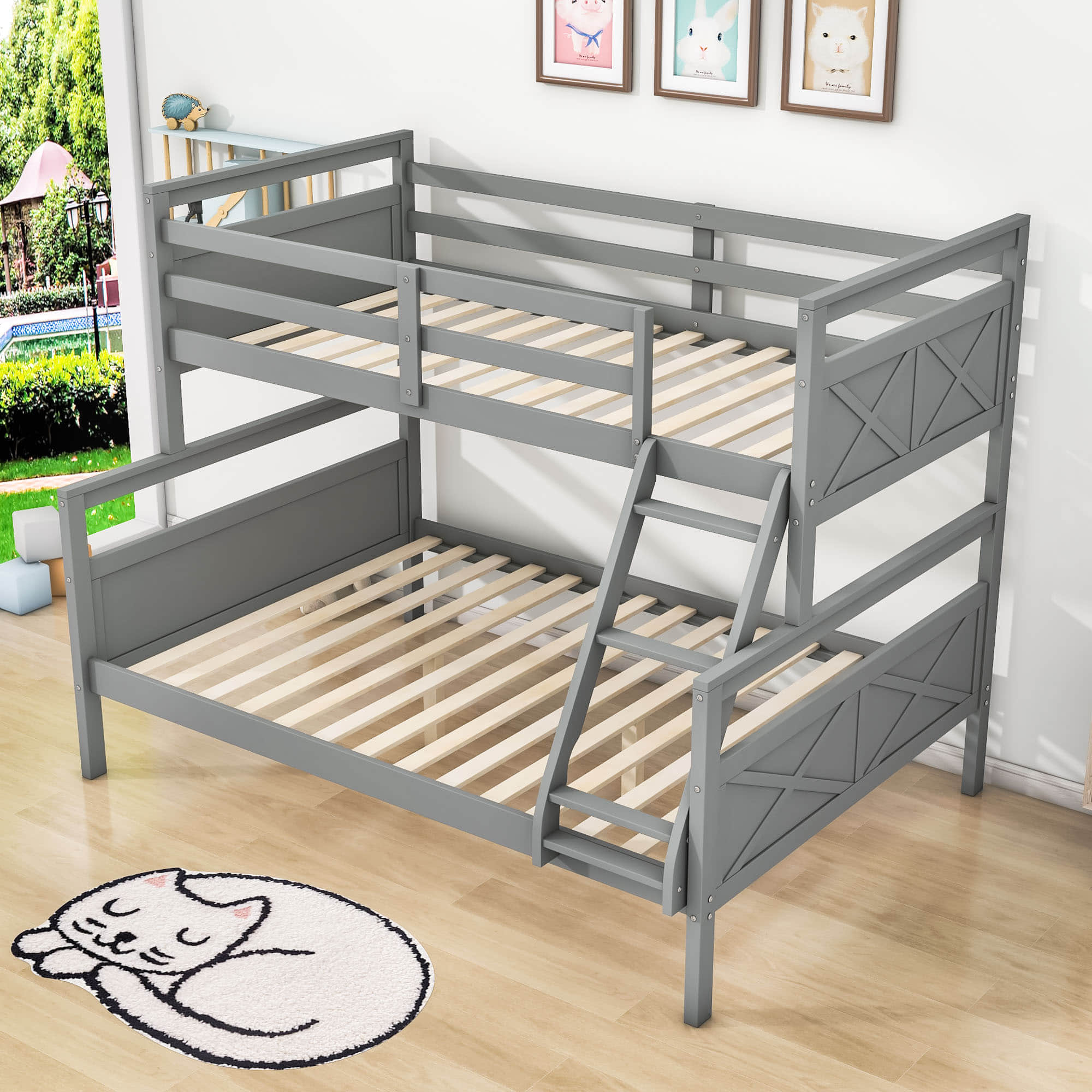 Wooden Twin Over Full Convertible Bunk Bed for Kids, Adults