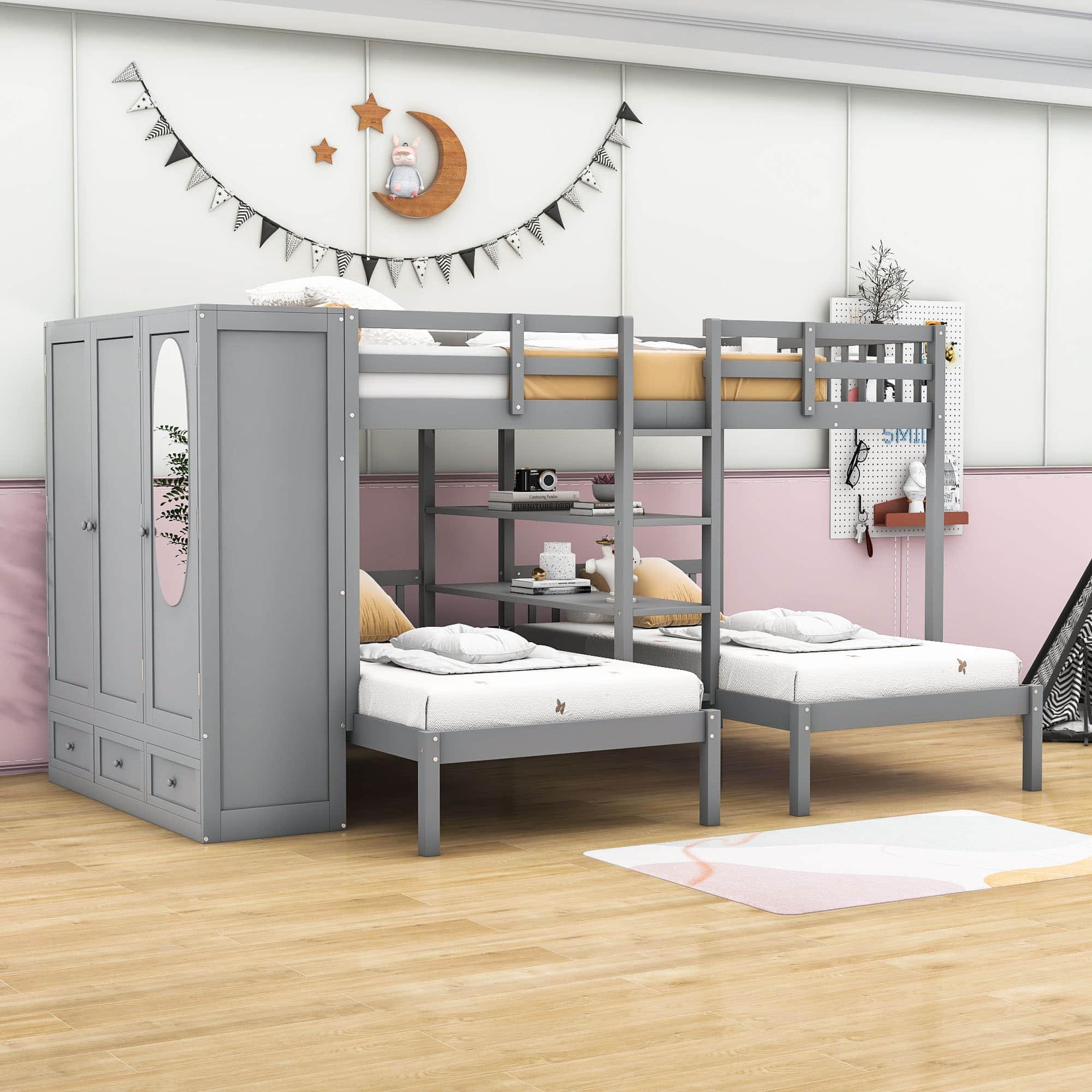 Low Full Over Twin&Twin Triple Bunk Bed with Storage for Kids - [Wardrobe]