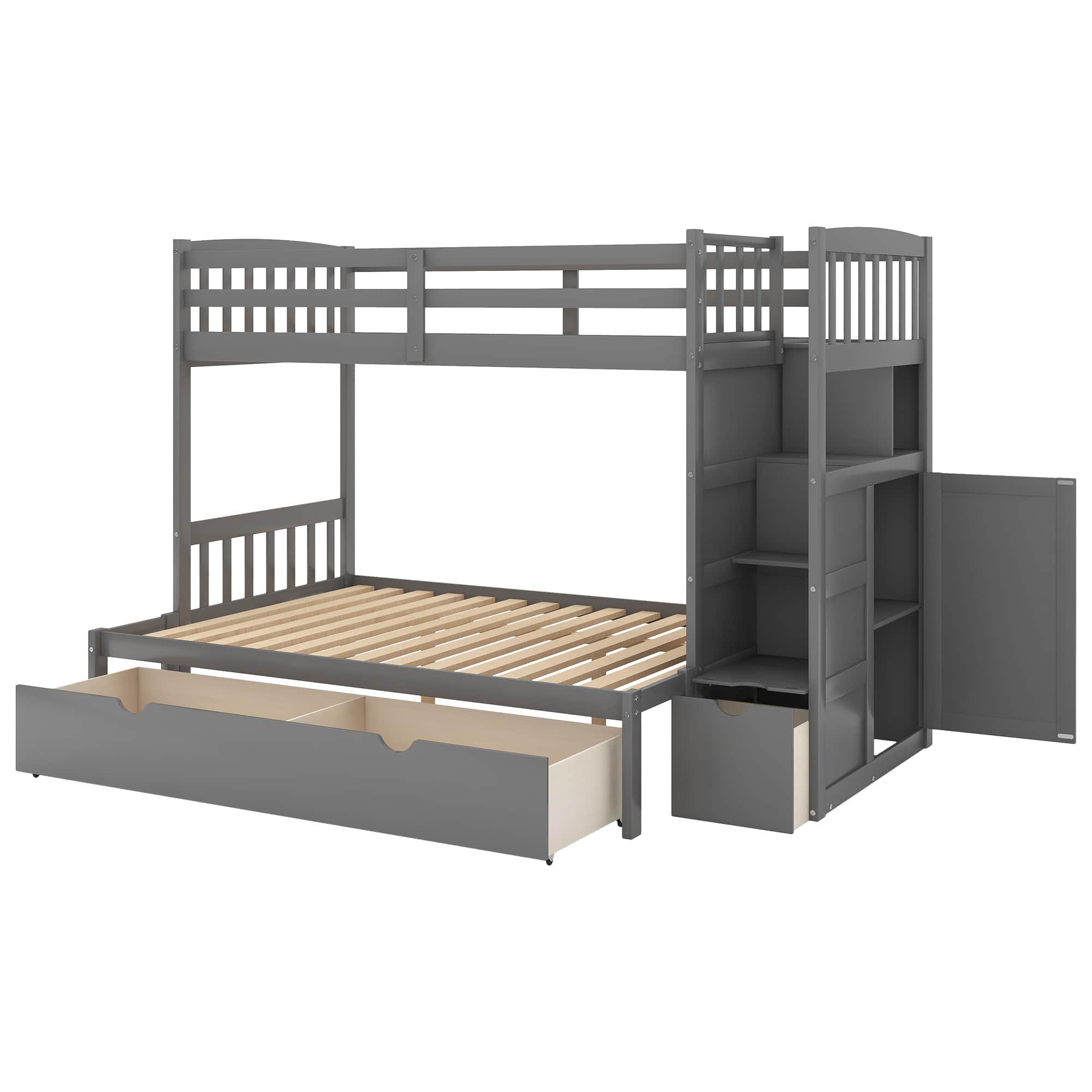 Twin Over Twin/Full Convertible Bunk Beds with Stairs and Storage - [Drawers, Shelves, Cabinet]