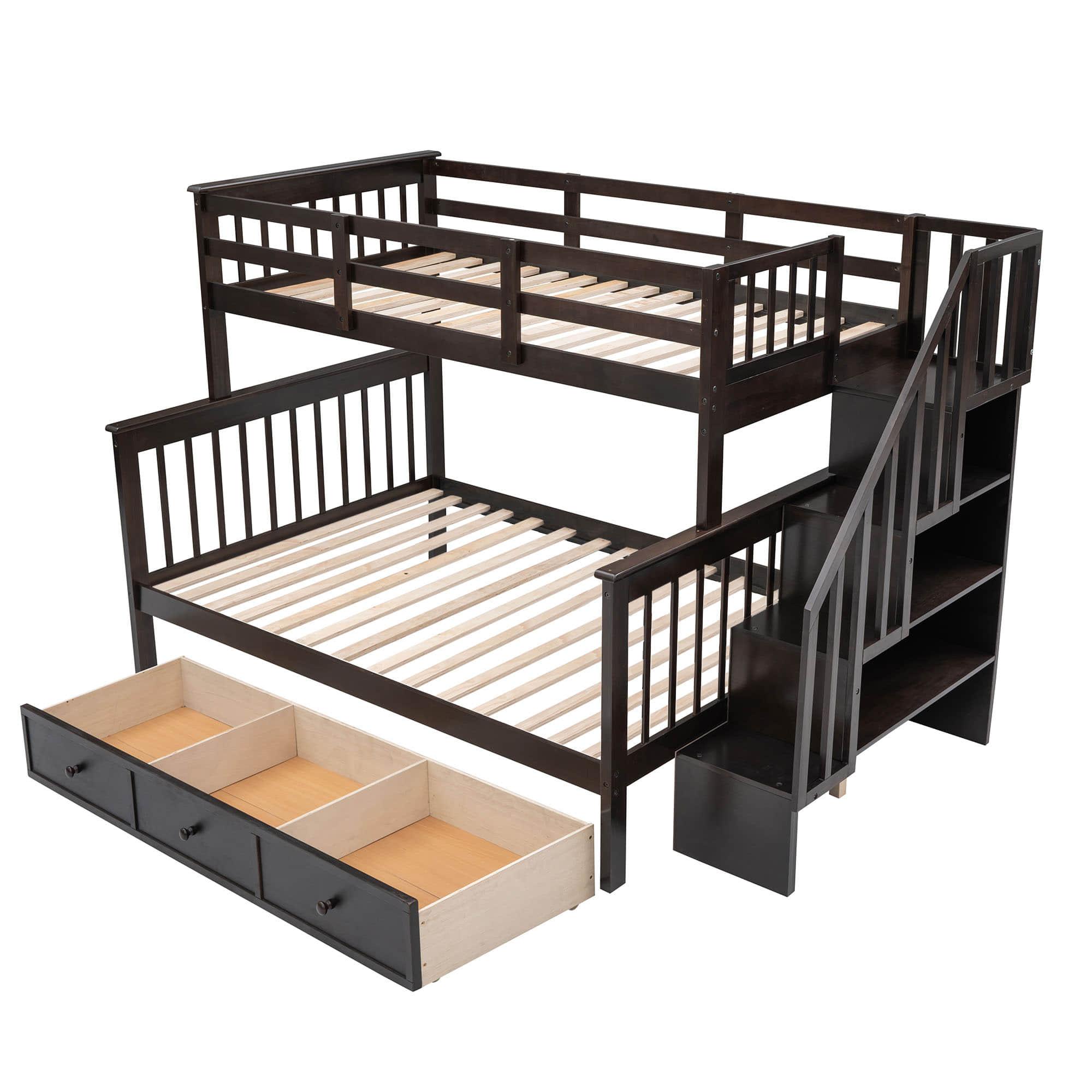 Twin Over Full Bunk Beds with Stairs and Storage Drawers, Shelves - [Convertible]