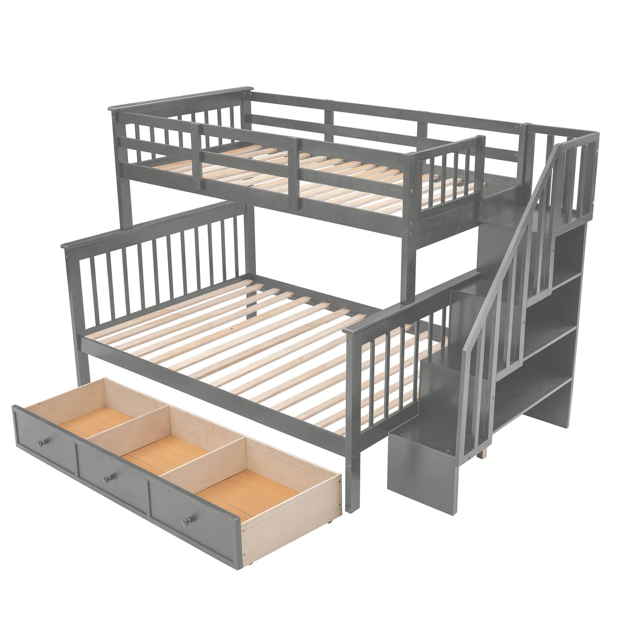 Twin Over Full Bunk Beds with Stairs and Storage Drawers, Shelves - [Convertible]