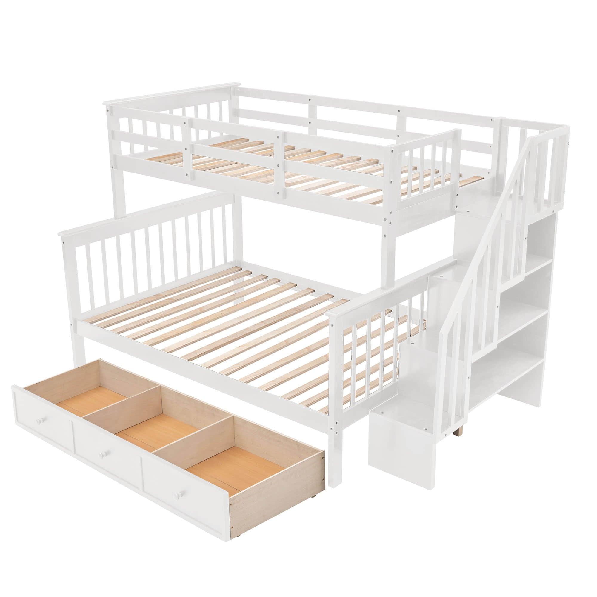 Twin Over Full Bunk Beds with Stairs and Storage Drawers, Shelves - [Convertible]