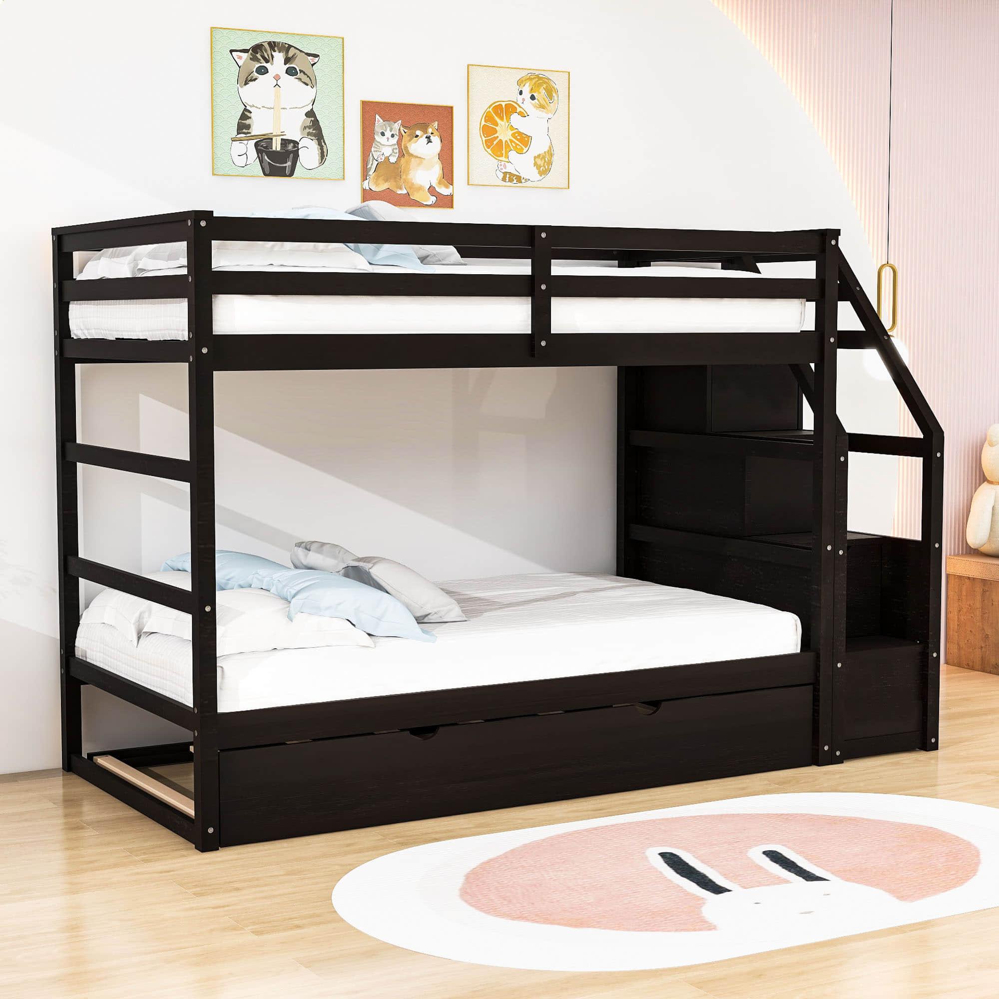 Low Twin Over Twin Bunk Beds for Kids with Storage Stairs and Trundle