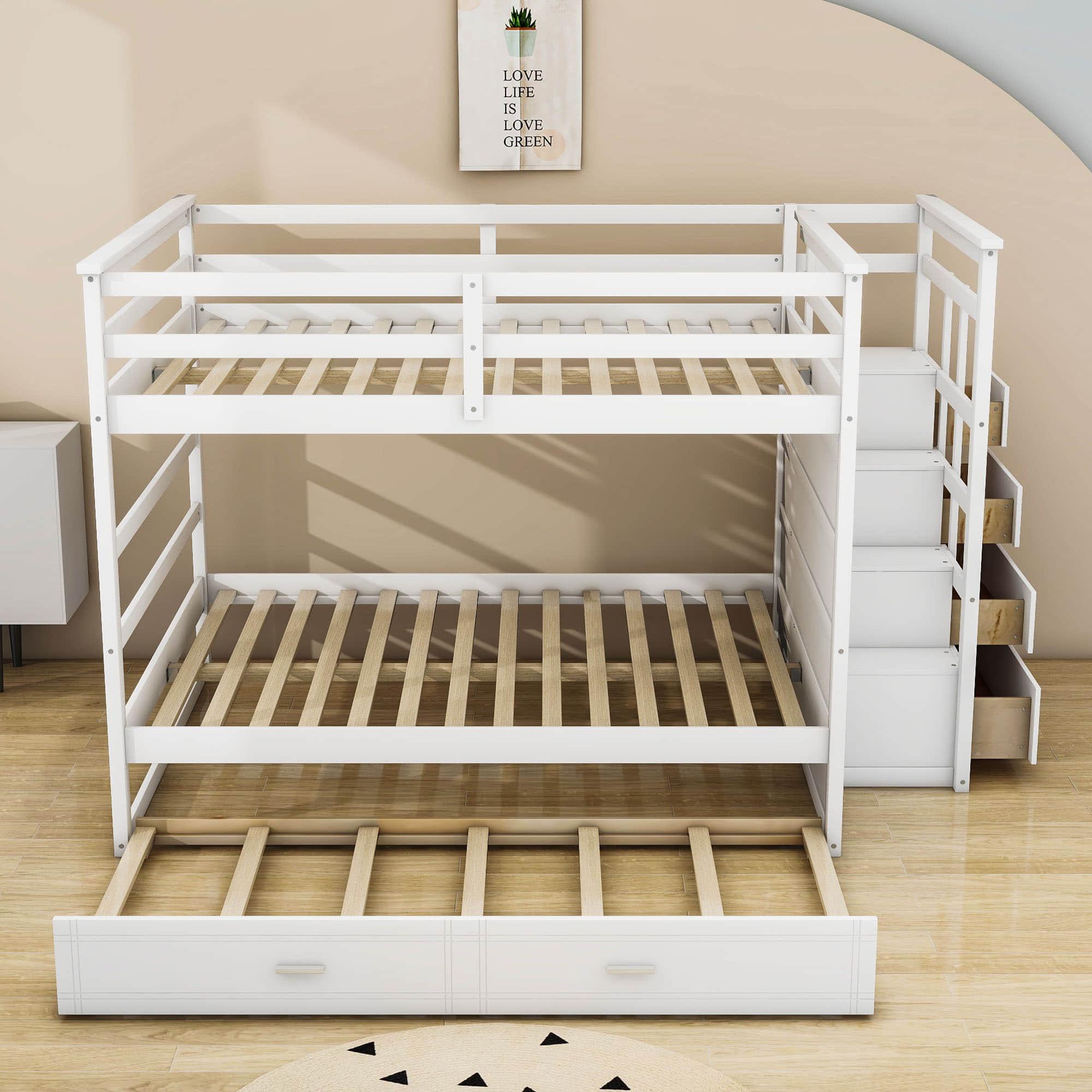 Full Size Bunk Beds with Stairs and Trundle, Storage for Kids, Adults