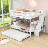 Wooden Full Size Bunk Bed with Stairs and Trundle, Storage Shelves