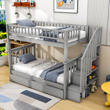 Convertible Twin Over Twin Bunk Bed with Stairs and Storage, Trundle