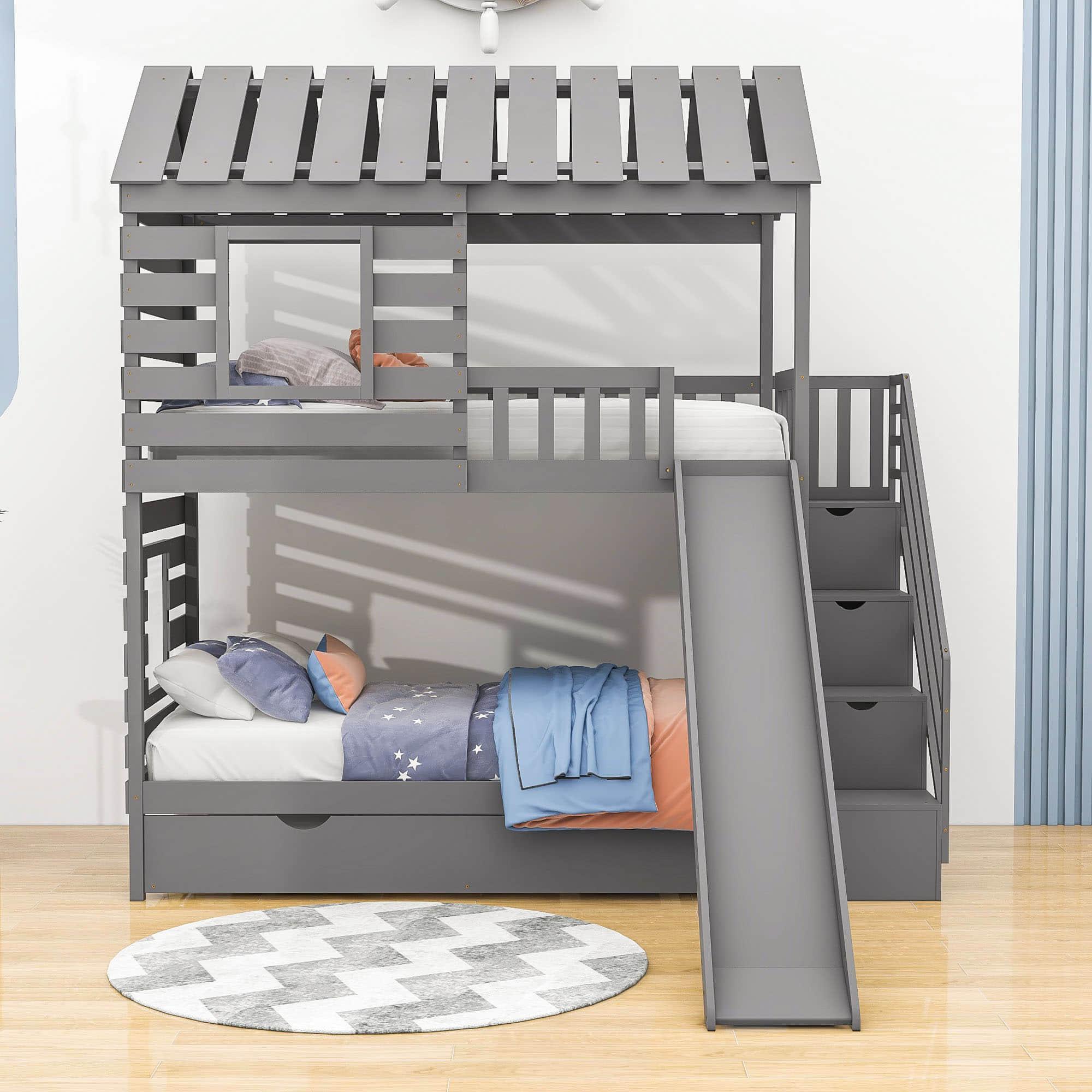 Twin Over Twin House Bunk Beds with Slide and Stairs, Trundle for Kids - [Wooden]