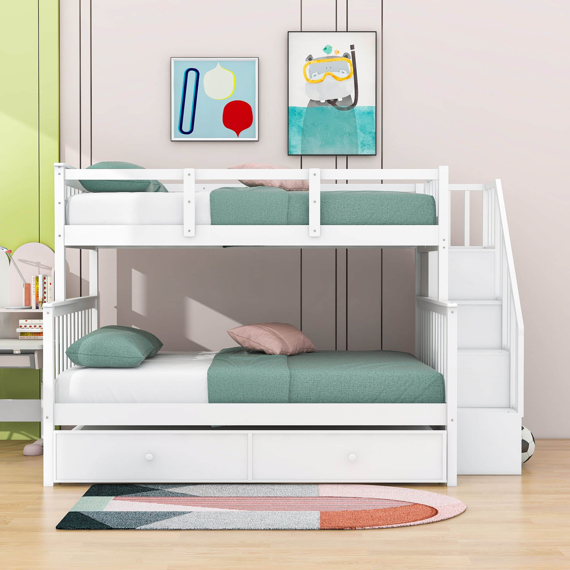 Twin Over Full Bunk Beds for Kids, Adults with Trundle and Storage