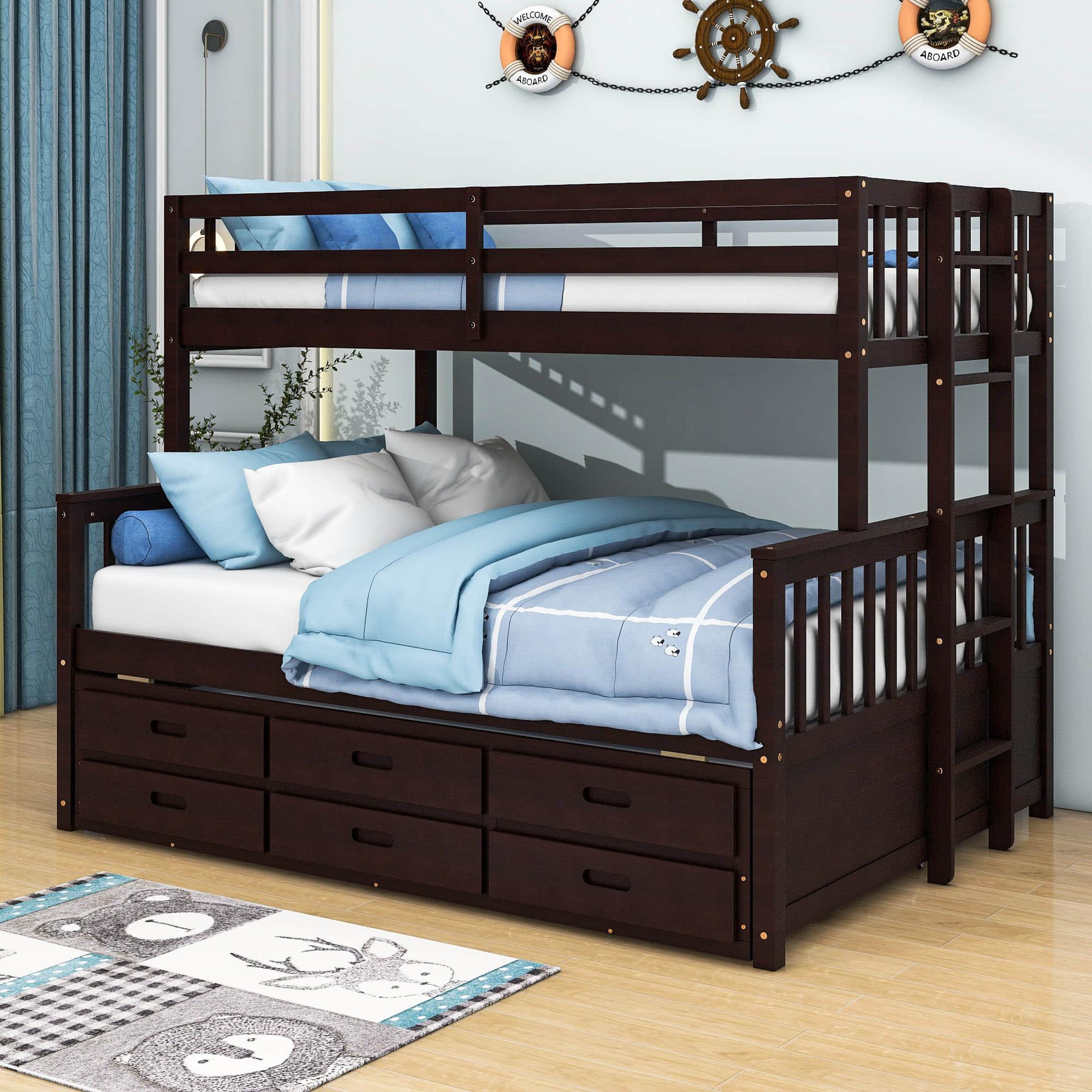 Wooden Twin Over Full Convertible Bunk Beds with Trundle and Storage