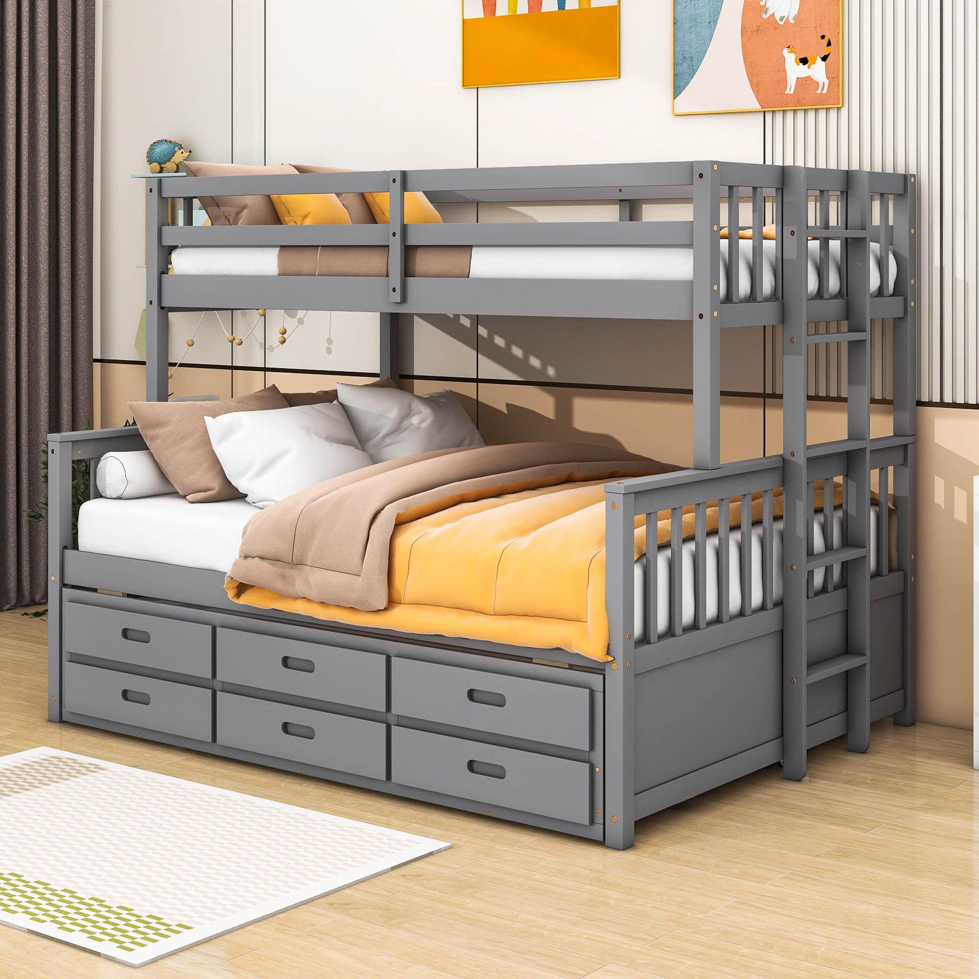 Wooden Twin Over Full Convertible Bunk Beds with Trundle and Storage