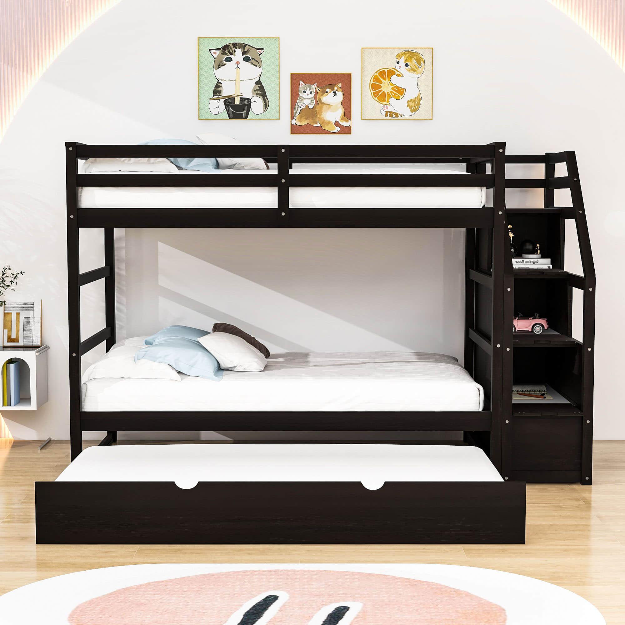 Low Twin Over Twin Bunk Beds for Kids with Storage Stairs and Trundle