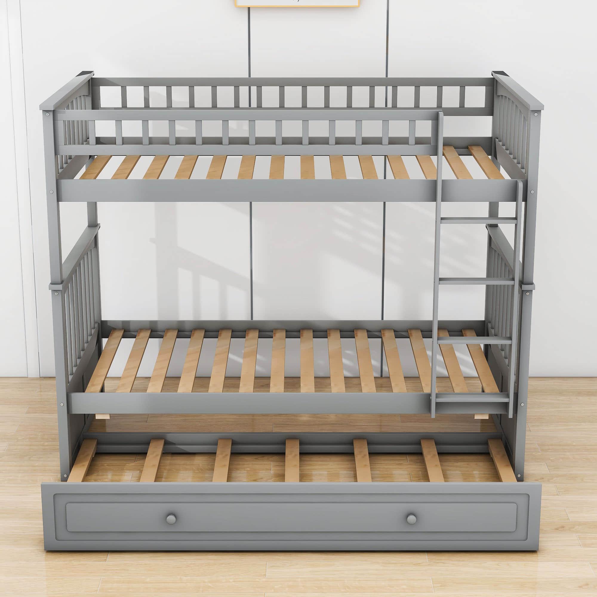 Twin Over Twin Convertible Bunk Bed with Twin Trundle - [Wooden]