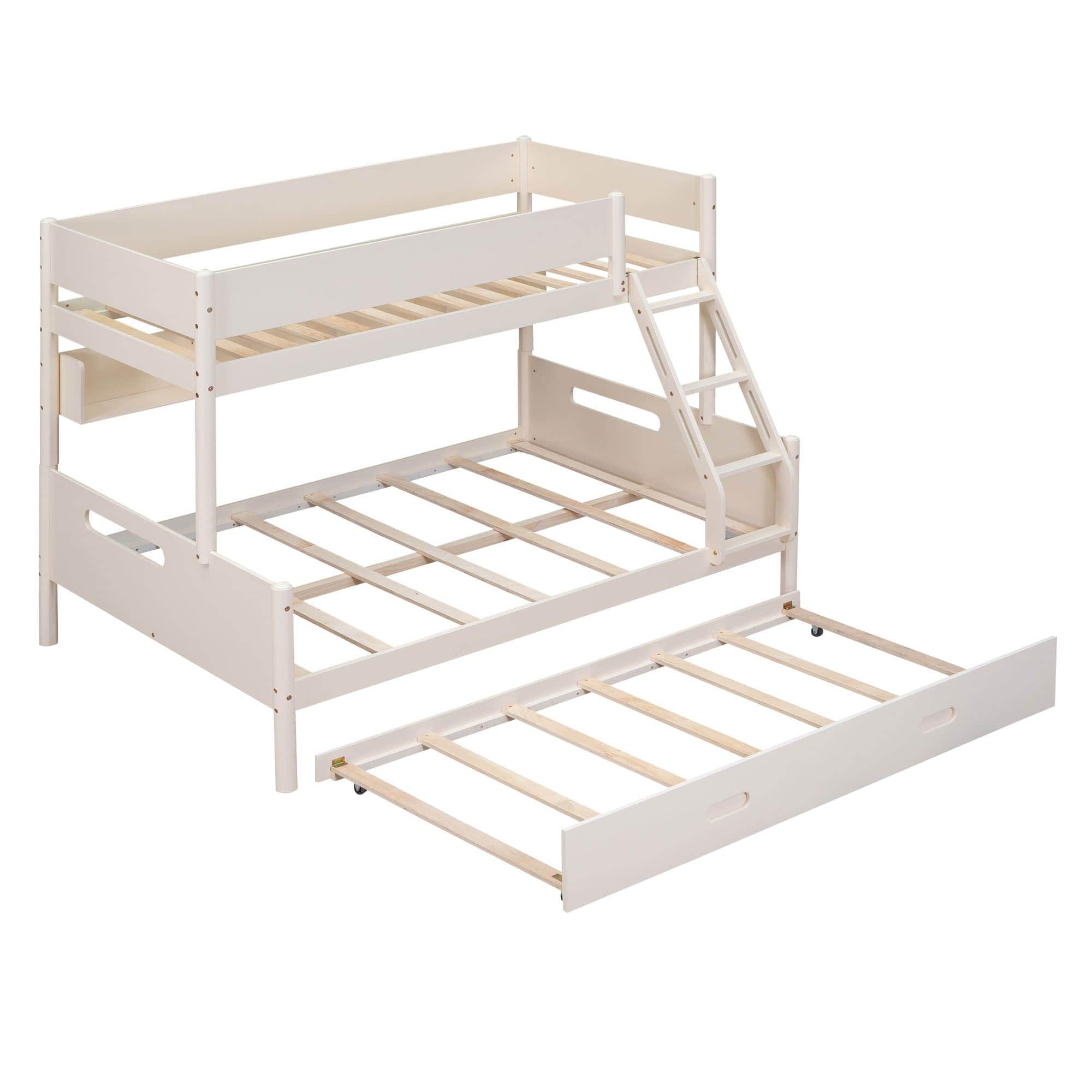 Wooden Twin Over Full Bunk Beds with Trundle and Storage Bookshelves