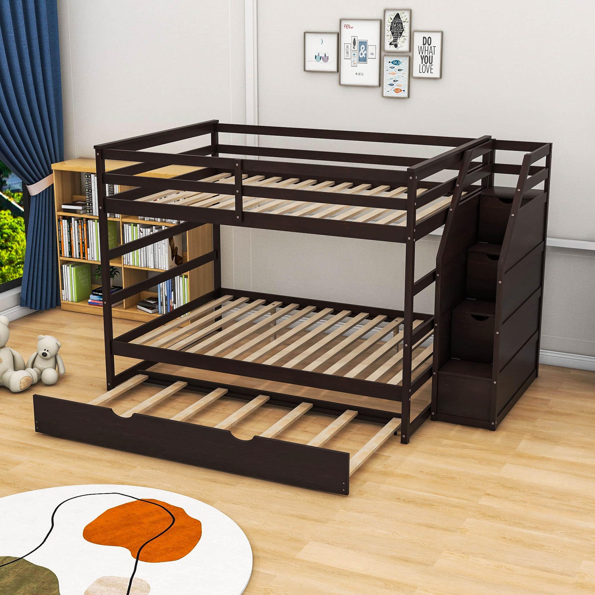 Full Over Full Bunk Beds with Stairs and Storage, Trundle - [Wood, Cabinets]