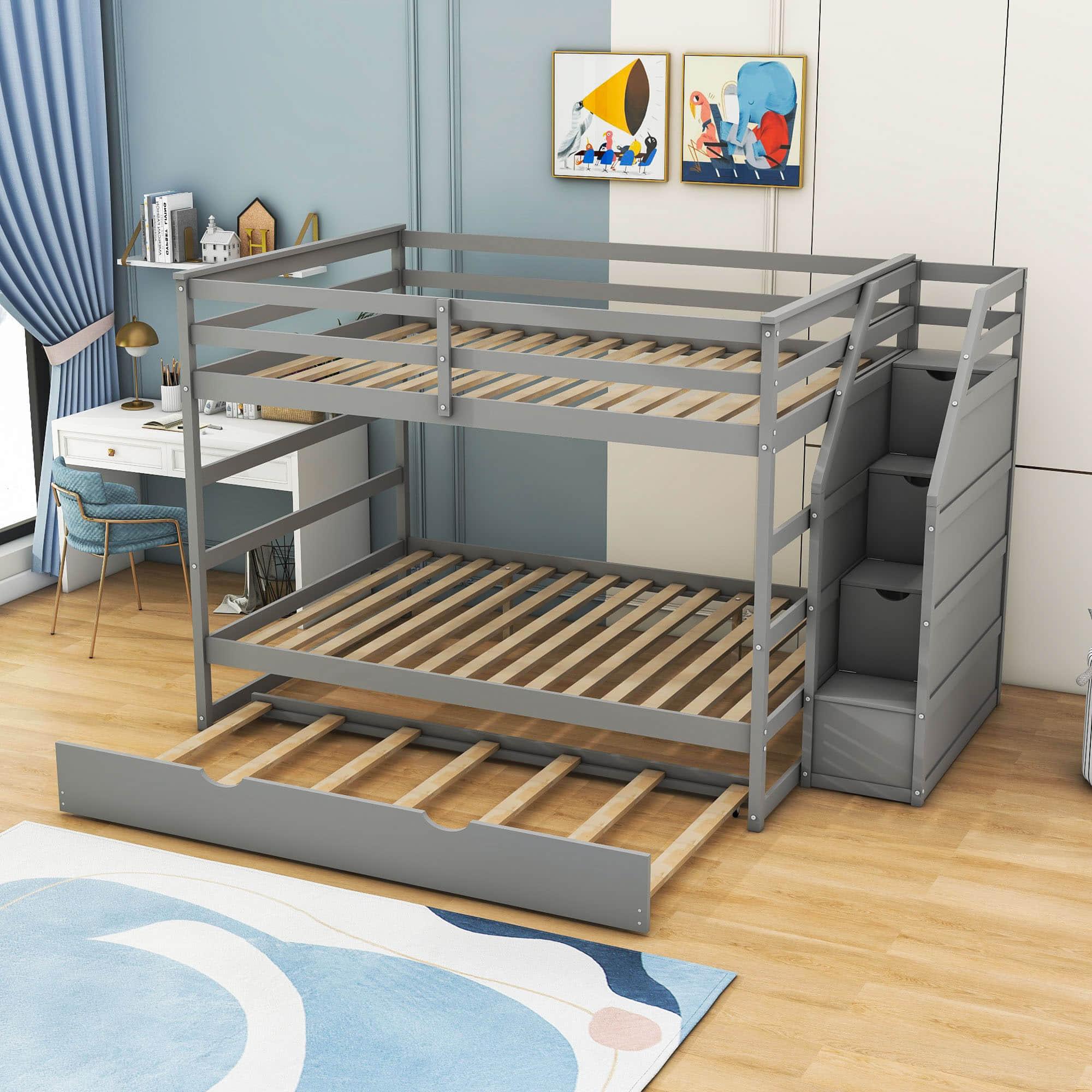 Full Over Full Bunk Beds with Stairs and Storage, Trundle - [Wood, Cabinets]