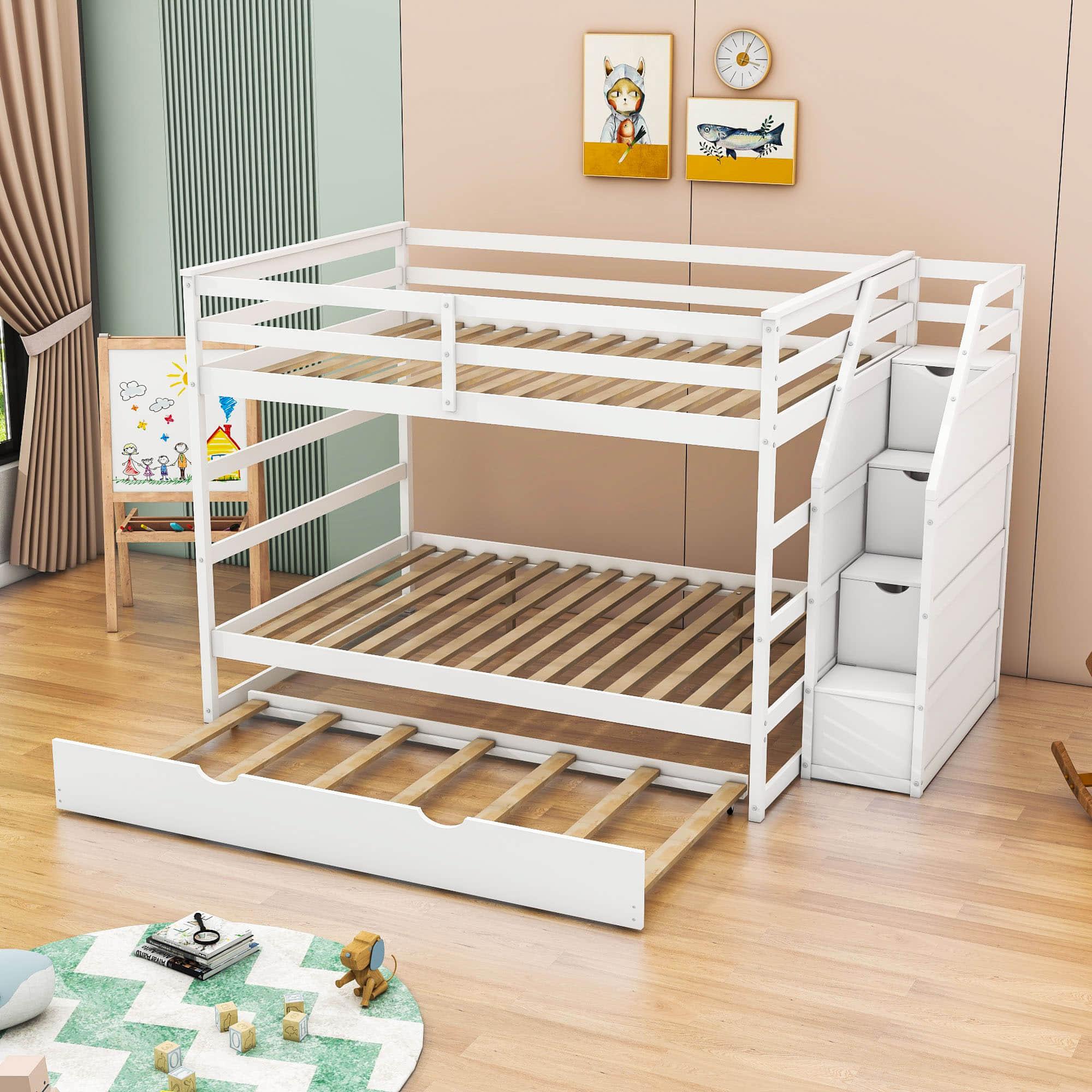 Full Over Full Bunk Beds with Stairs and Storage, Trundle - [Wood, Cabinets]