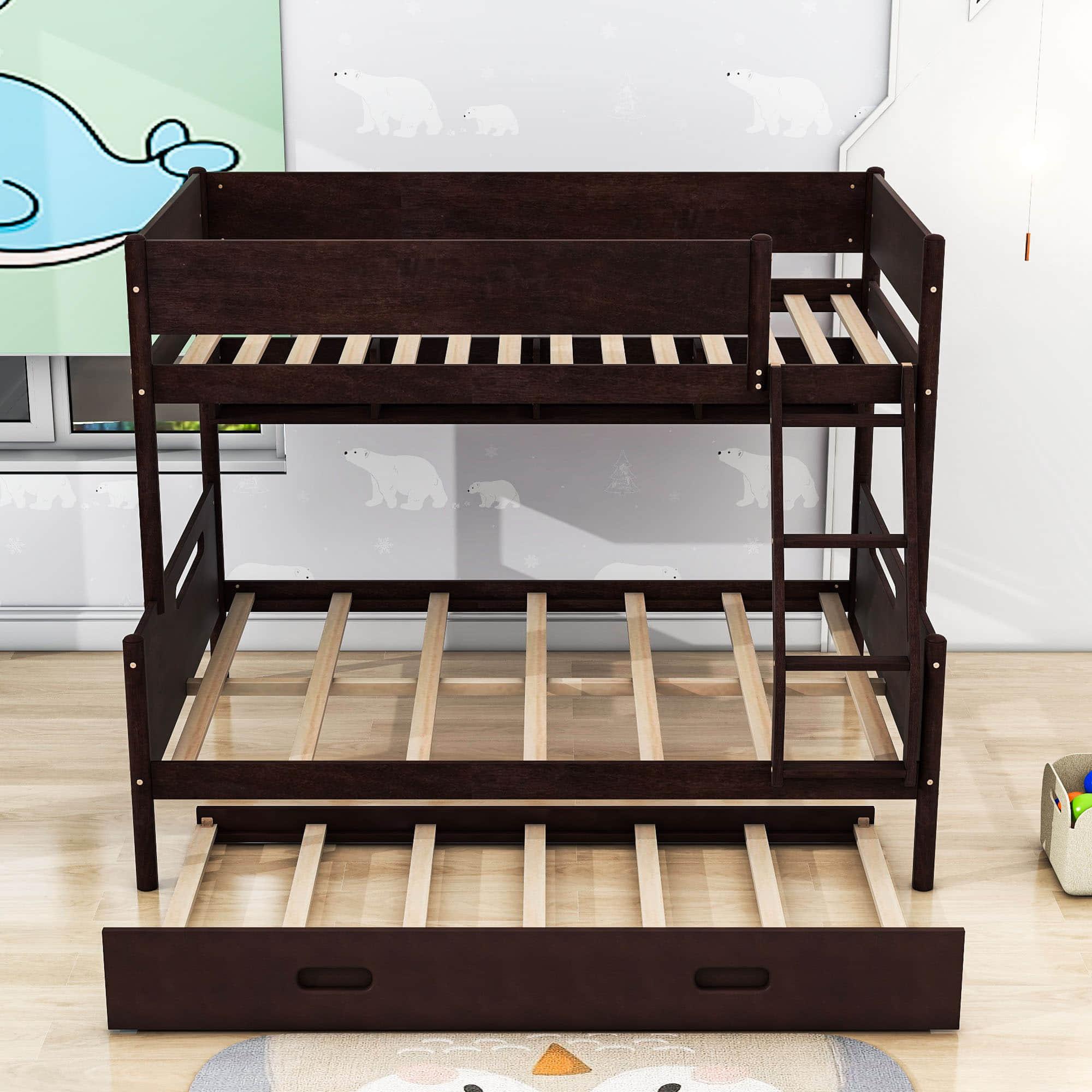 Wooden Twin Over Full Bunk Beds with Trundle and Storage Bookshelves