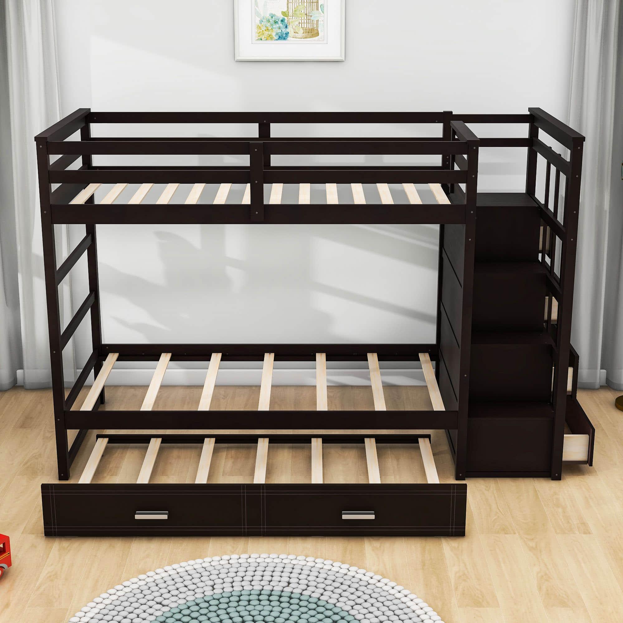 Twin Over Twin Bunk Beds with Stairs, Storage and Trundle - [Wooden, Drawers]