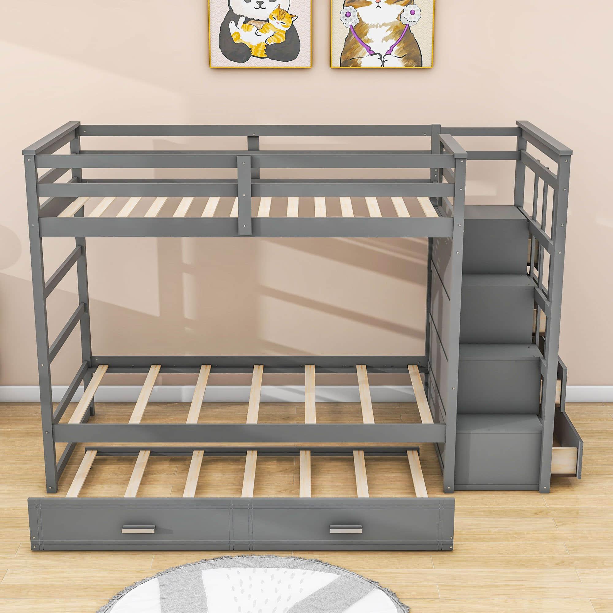 Twin Over Twin Bunk Beds with Stairs, Storage and Trundle - [Wooden, Drawers]