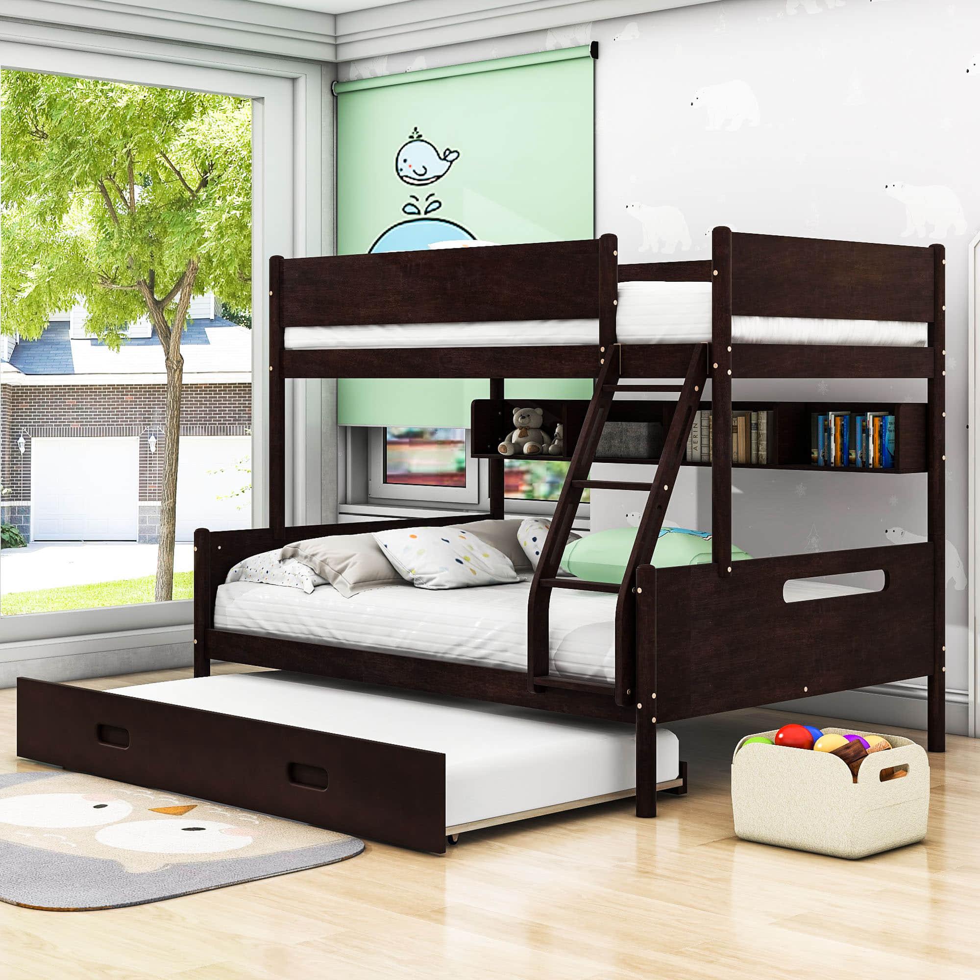 Wooden Twin Over Full Bunk Beds with Trundle and Storage Bookshelves