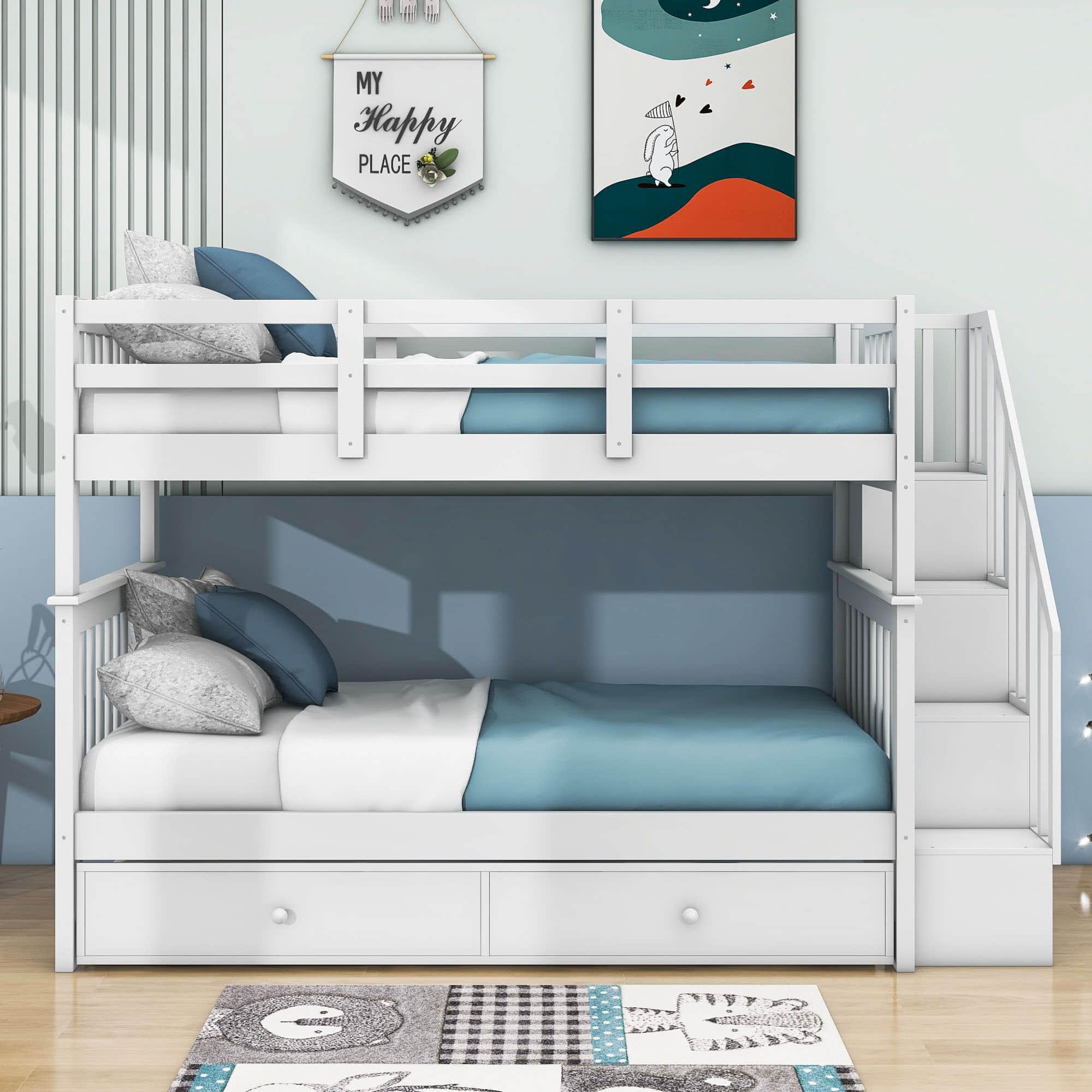 Twin Over Twin Bunk Beds with Stairs and Trundle, Storage - [Convertible, Shelves]