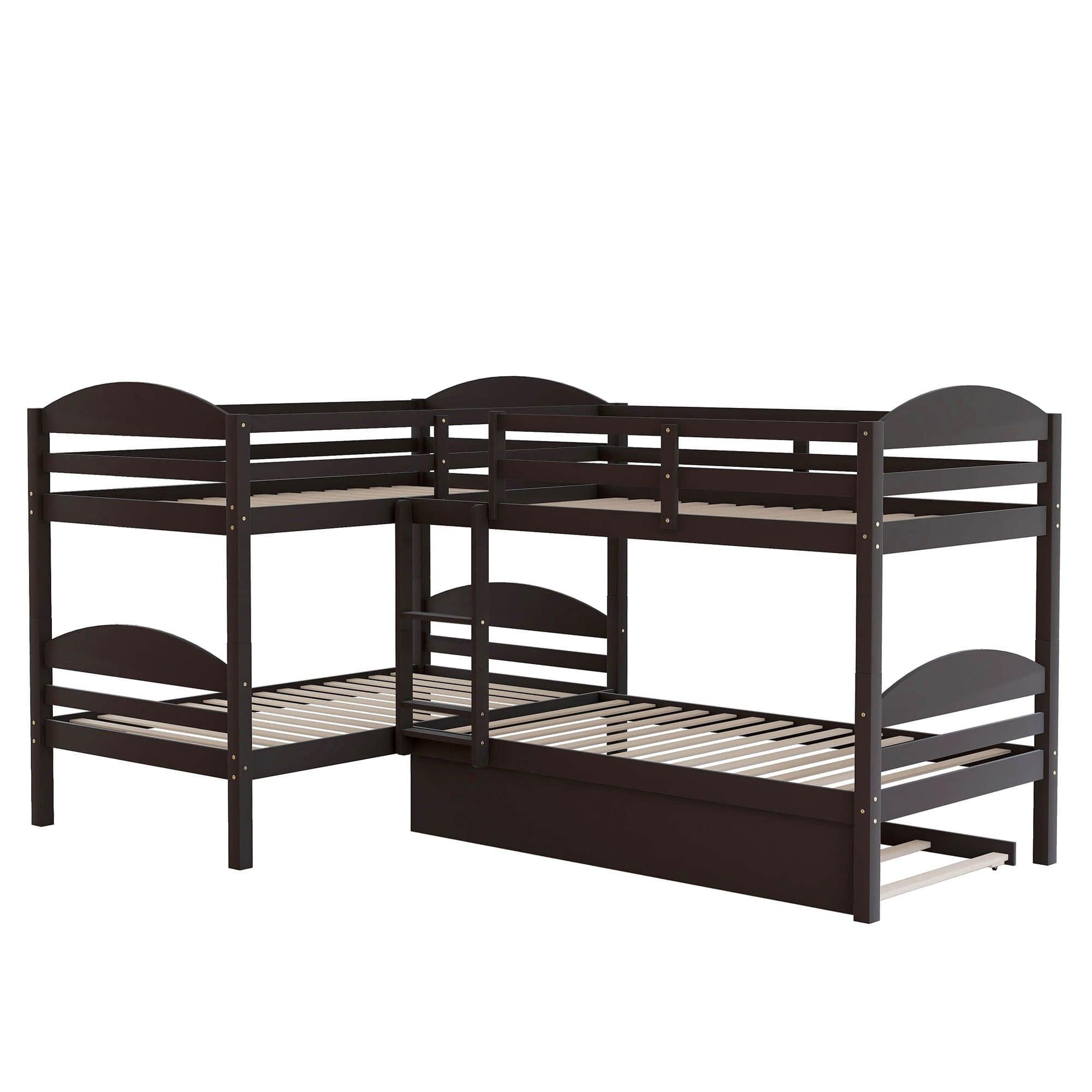 Twin Corner Quad Bunk Beds with Trundle for Kids - [Wooden, L-Shaped]