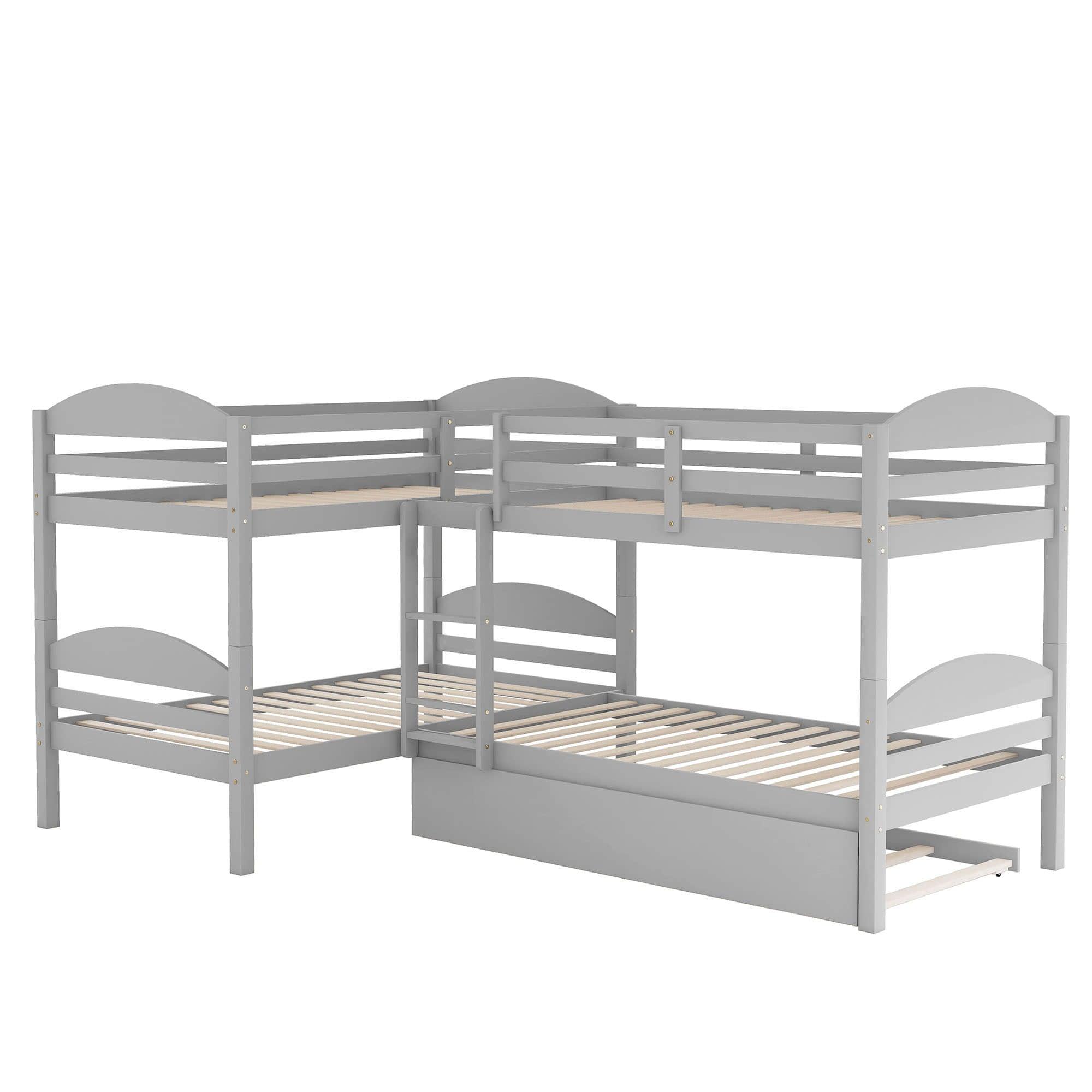 Twin Corner Quad Bunk Beds with Trundle for Kids - [Wooden, L-Shaped]