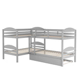 Twin Corner Quad Bunk Beds with Trundle for Kids - [Wooden, L-Shaped]