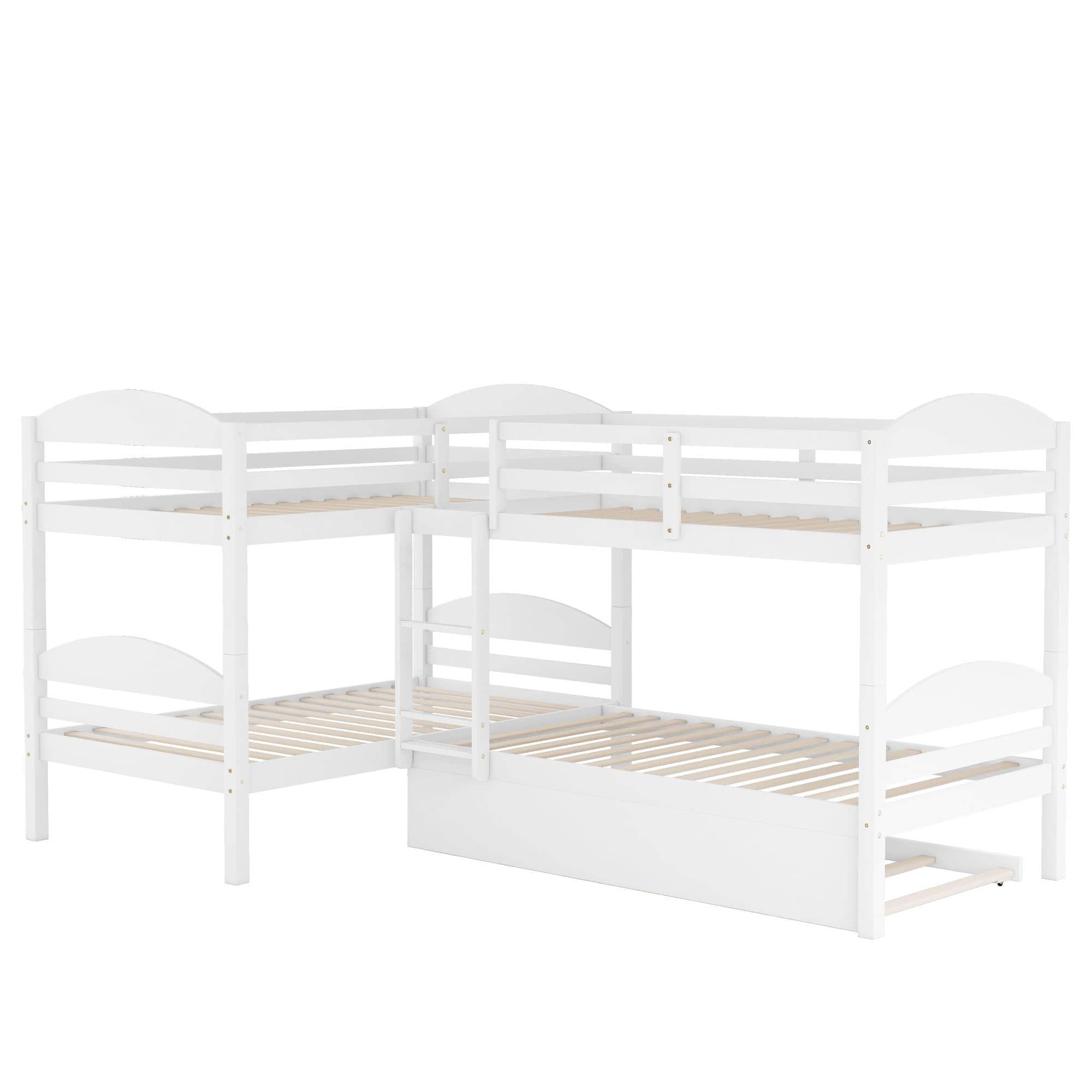 Twin Corner Quad Bunk Beds with Trundle for Kids - [Wooden, L-Shaped]