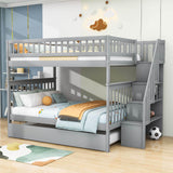 Wooden Full Size Bunk Bed with Stairs and Trundle, Storage Shelves