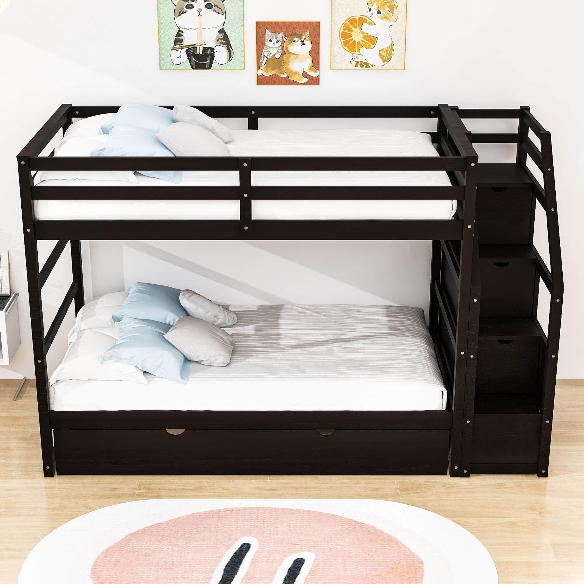 Low Twin Over Twin Bunk Beds for Kids with Storage Stairs and Trundle