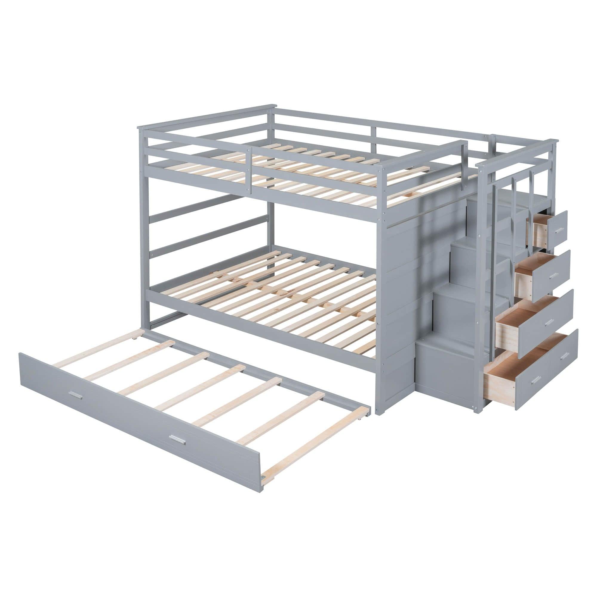 Full Size Bunk Beds with Stairs and Trundle, Storage for Kids, Adults