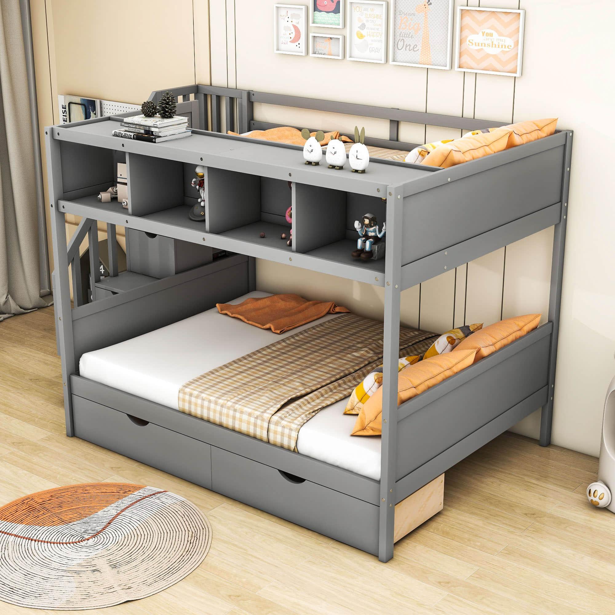 Twin Over Full Bunk Beds with Stairs and Storage for Adults - [Wooden, Drawers, Bookcase]