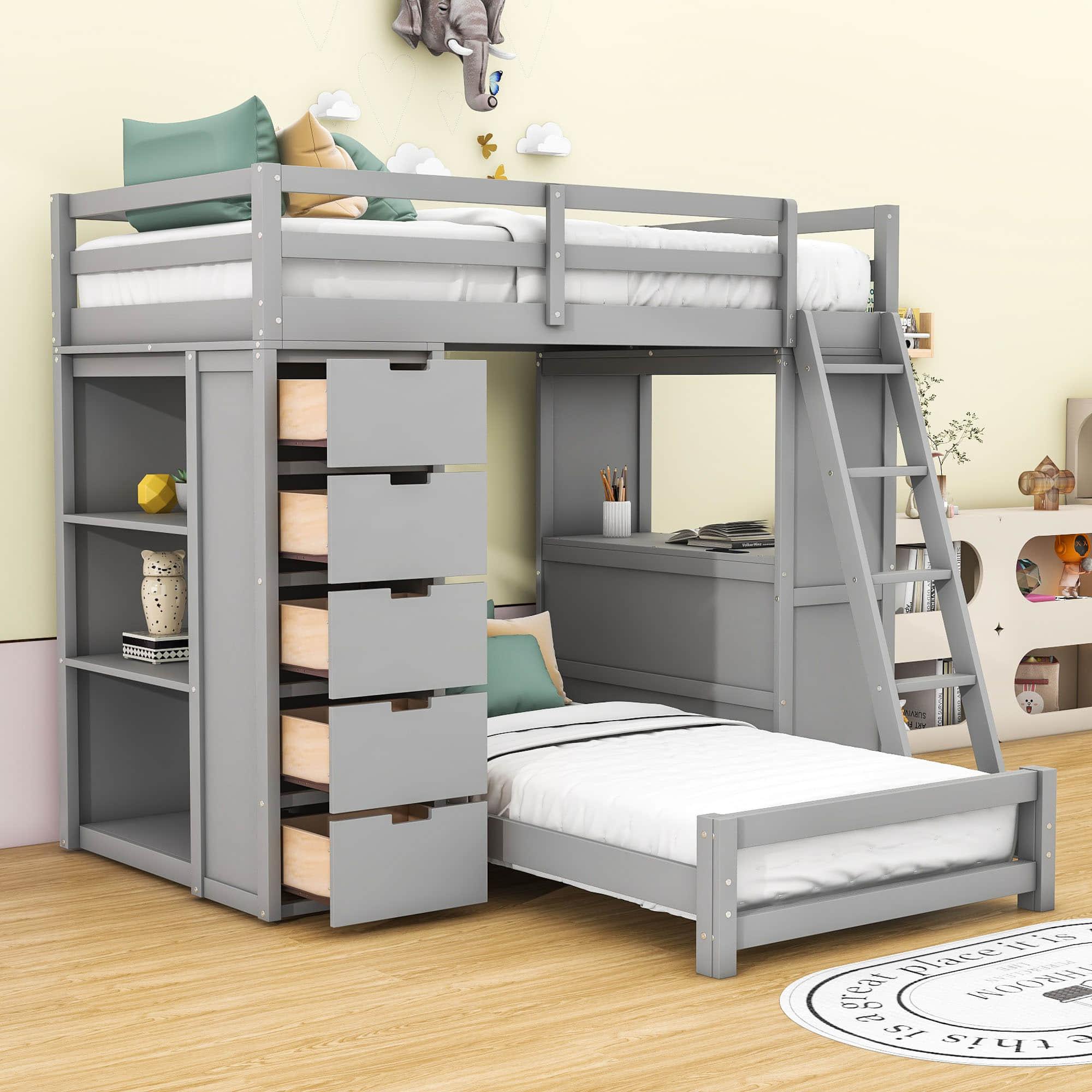 Smart Twin Over Twin Bunk Beds with Desk and Storage Chest, Drawers