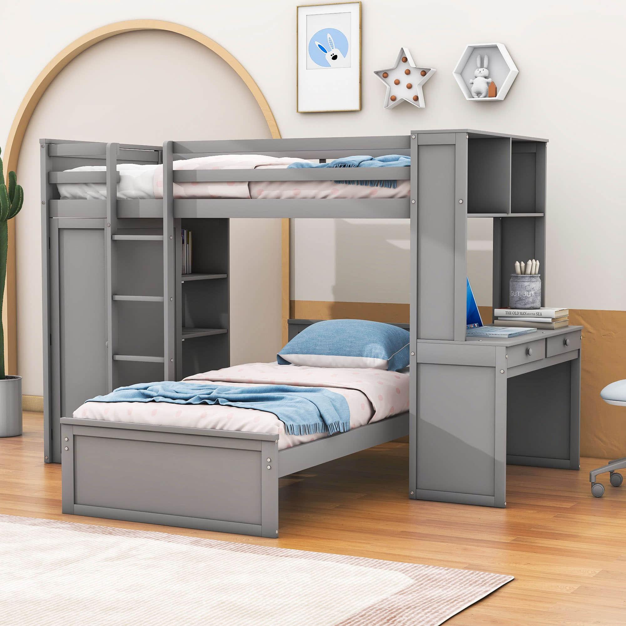 L-Shaped Twin Over Twin Bunk Beds with Desk and Storage - [Wooden, Drawers, Wardrobe]