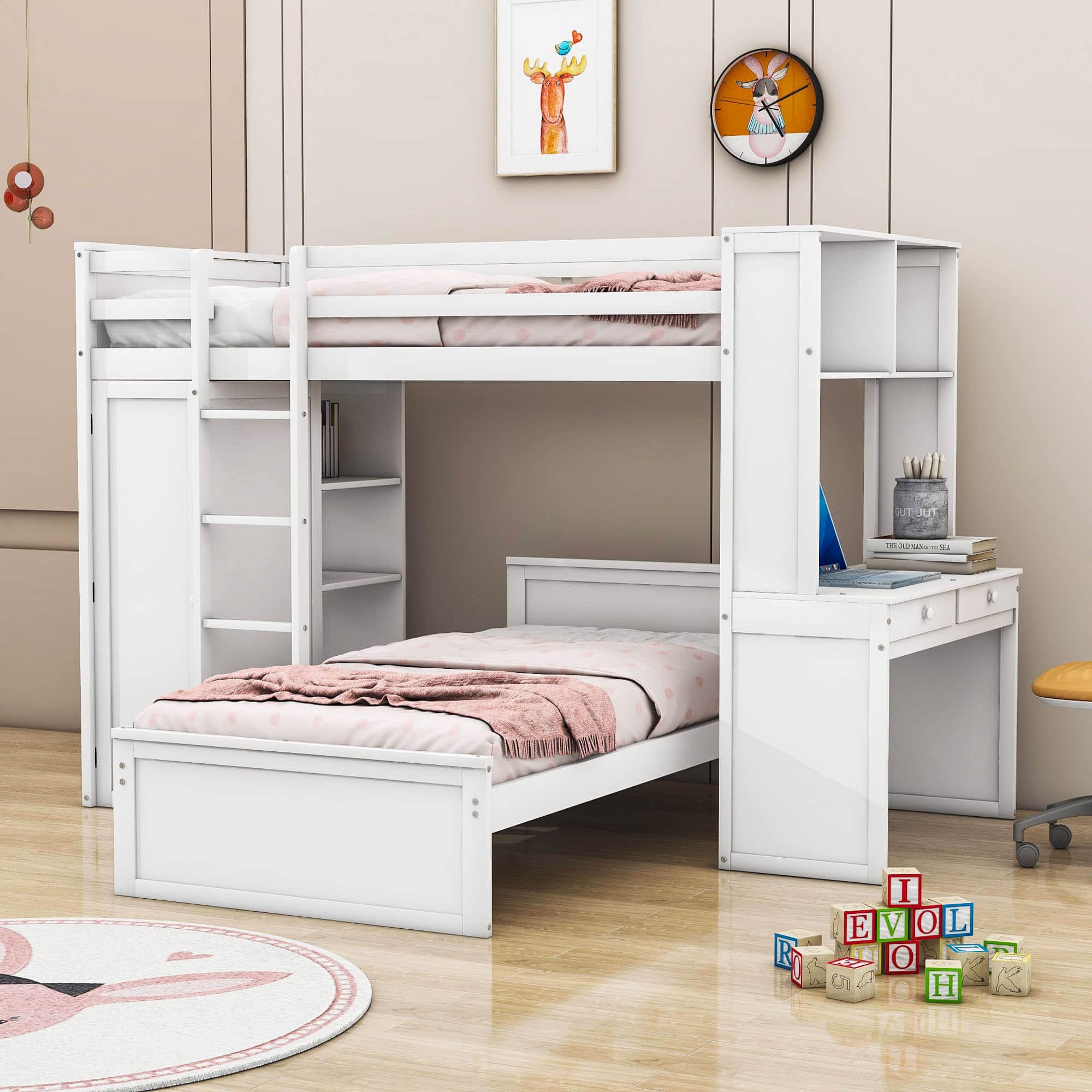 L-Shaped Twin Over Twin Bunk Beds with Desk and Storage - [Wooden, Drawers, Wardrobe]