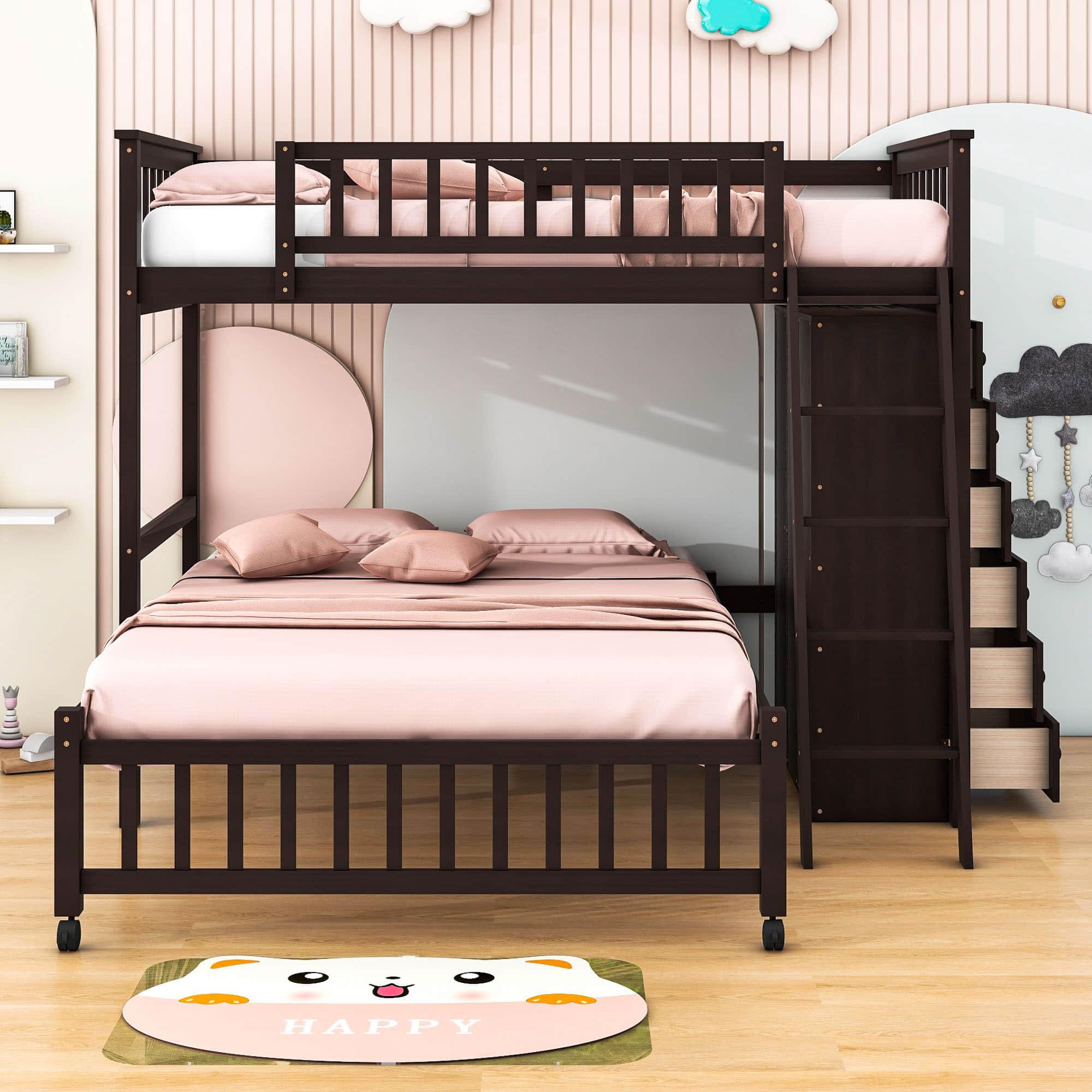 Wooden L-Shaped Twin Over Full Adult Bunk Beds with Storage - [Drawers]