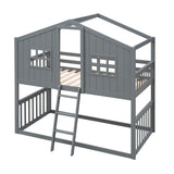 Low Twin Over Twin House Bunk Beds for Kids Toddler - [Wooden, Floor]