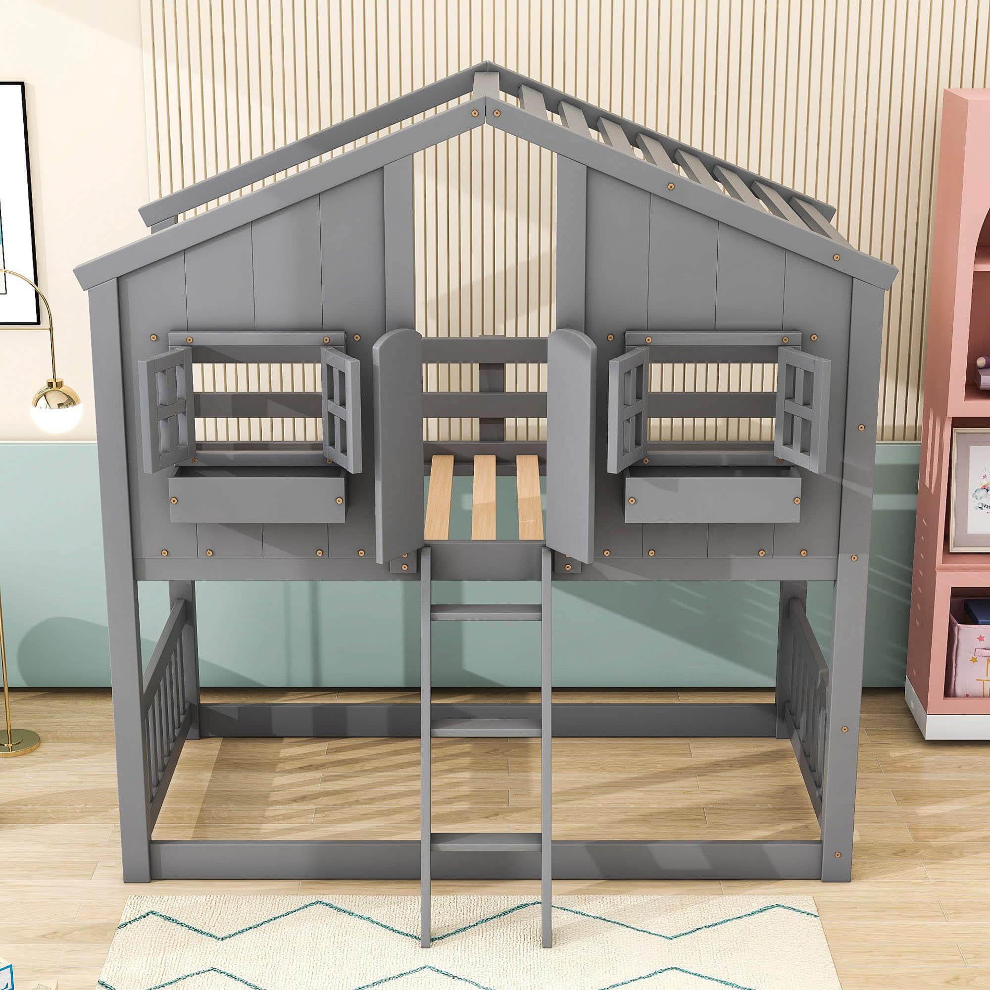 Low Twin Over Twin FarmHouse Bunk Beds for Kids, Toddler - [Wooden, Floor]