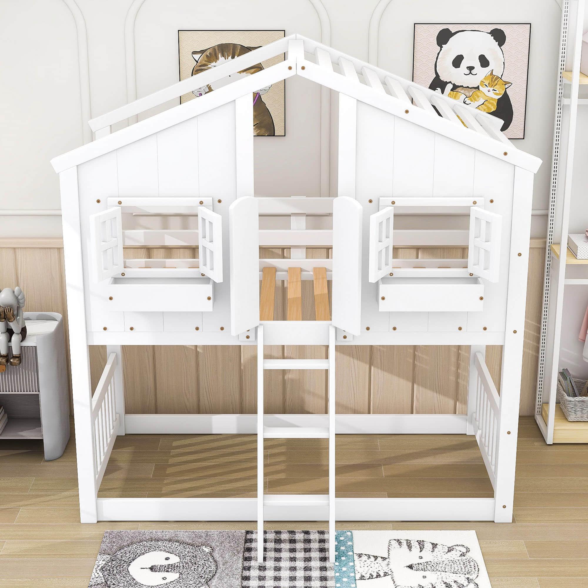 Low Twin Over Twin FarmHouse Bunk Beds for Kids, Toddler - [Wooden, Floor]