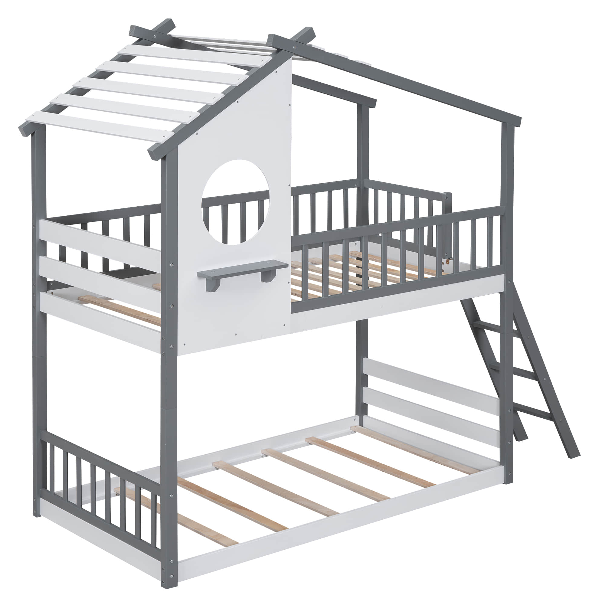 Low to Floor Twin Over Twin House Bunk Beds for Toddler, Kids - [Wood]