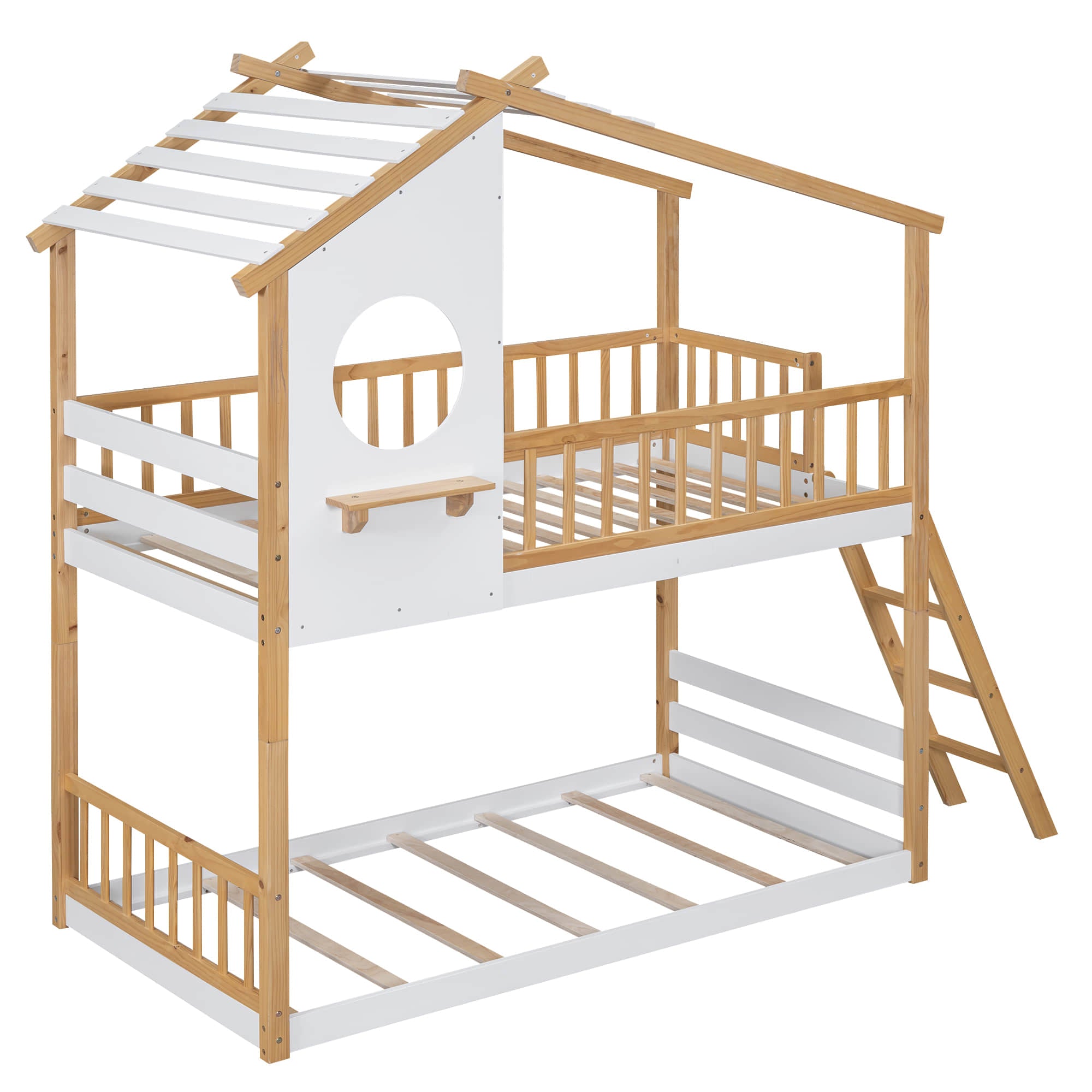 Low to Floor Twin Over Twin House Bunk Beds for Toddler, Kids - [Wood]