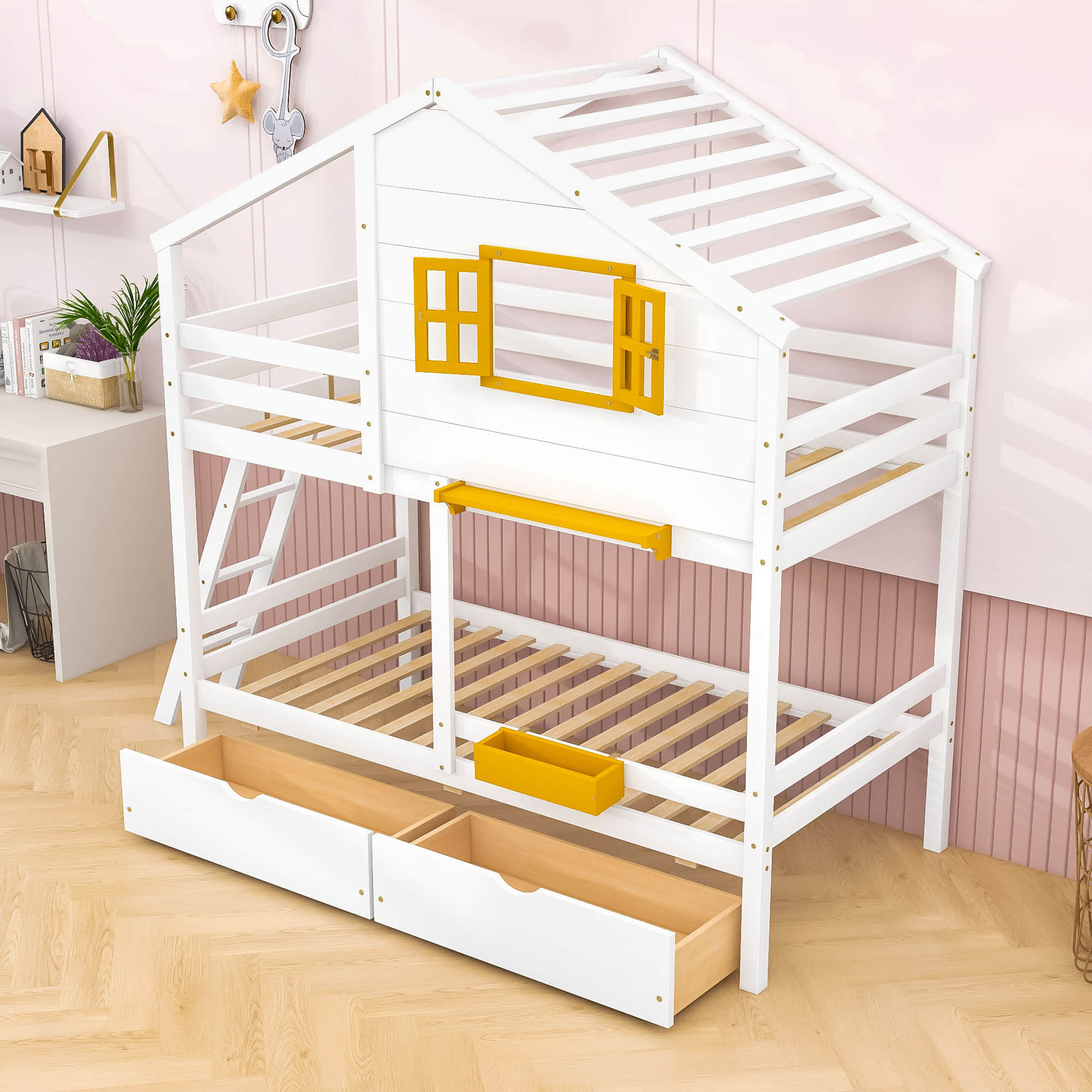 Wood Twin Over Twin Kids House Bunk Beds with Storage - [Drawers, Shelf]