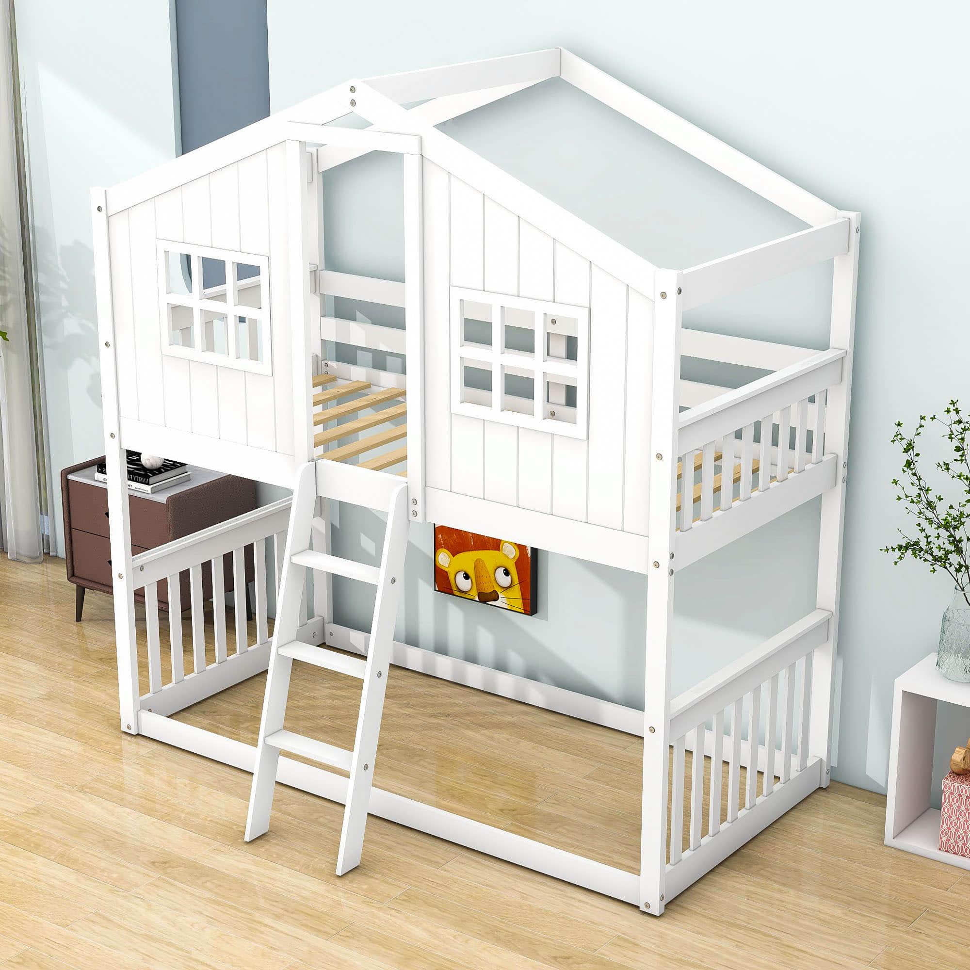 Low Twin Over Twin House Bunk Beds for Kids Toddler - [Wooden, Floor]