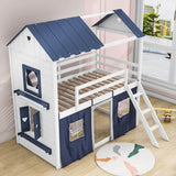 Low Twin Over Twin House Loft Bunk Beds for Kids with Curtains - [Floor]