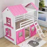 Low Twin Over Twin House Loft Bunk Beds for Kids with Curtains - [Floor]