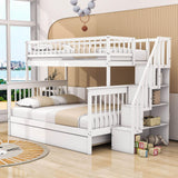 Wooden Twin Over Full Bunk Bed with Stairs and Trundle, Storage Shelves